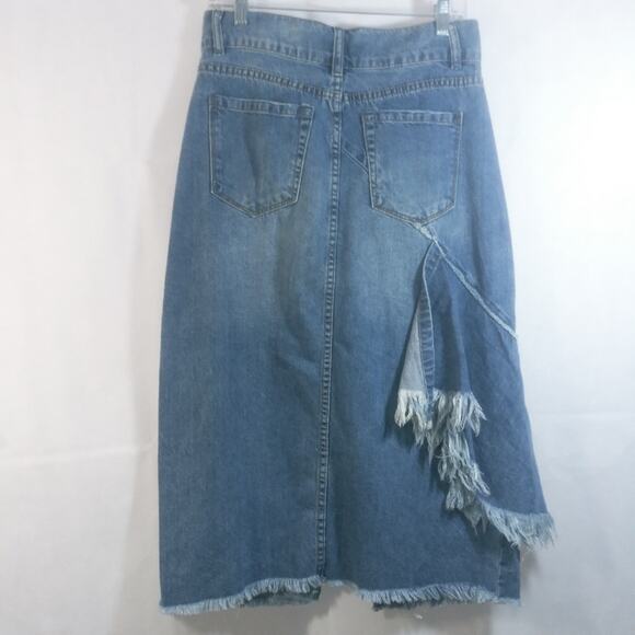 Luxe Moda Denim Distressed Frayed Hem Midi Skirt 12 - Picture 3 of 6